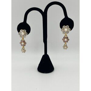 Monet Drop Flowers Clip Back Earrings Rhinestone Faux Pearls